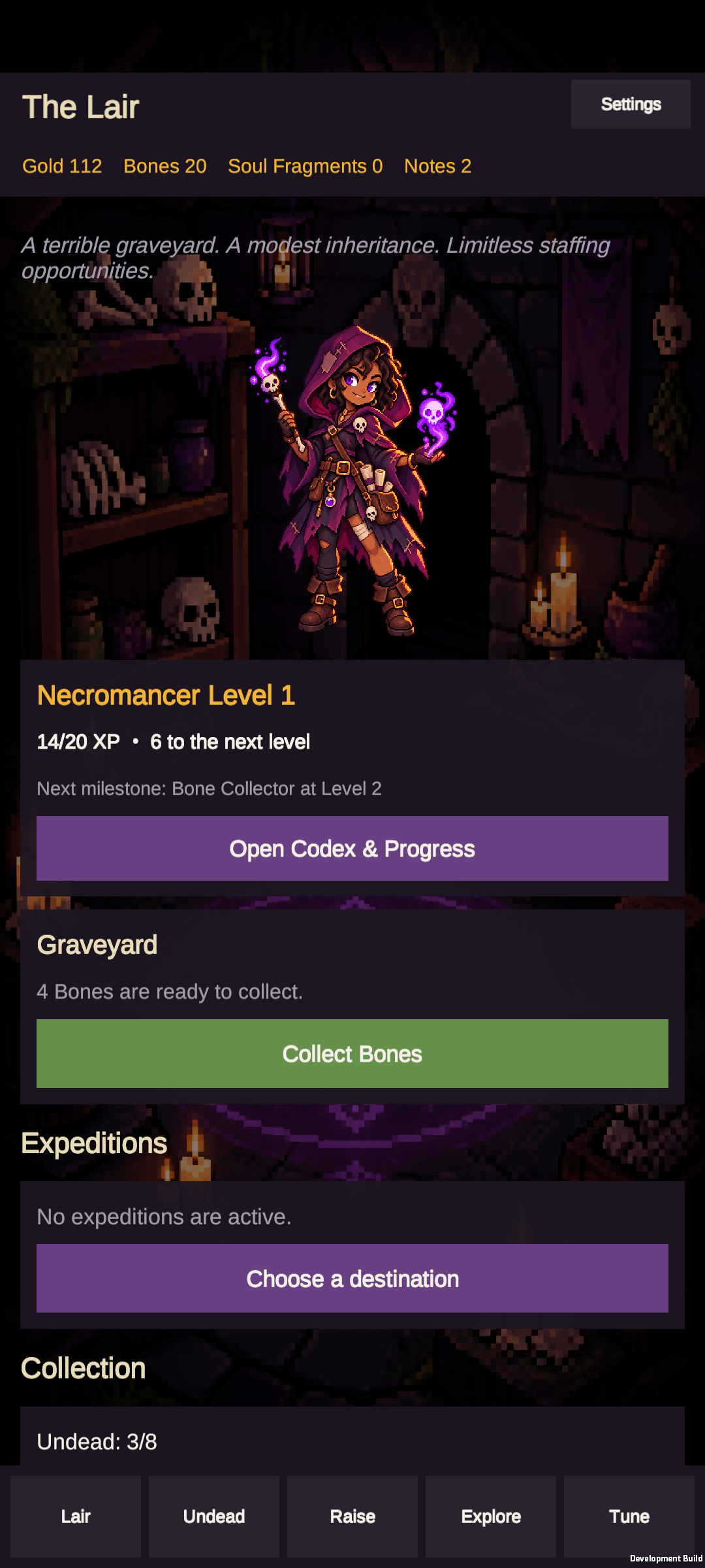 Tiny Necromancer running on an Android phone, showing the player’s lair