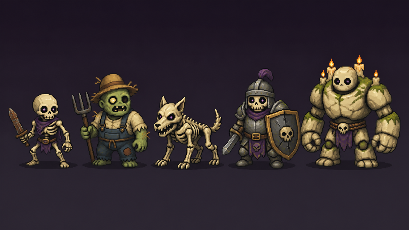 A lineup of Tiny Necromancer’s undead: skeleton, zombie, skeletal wolf, knight and bone golem